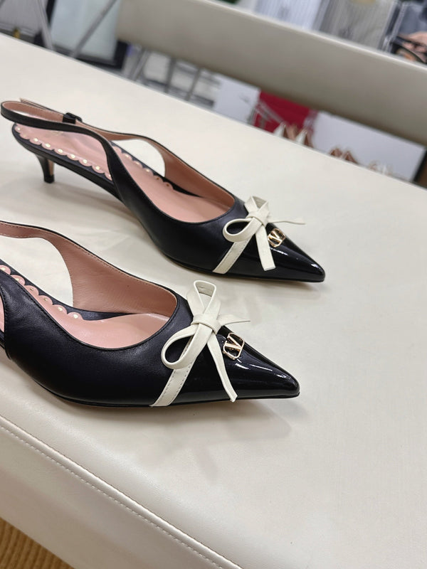 Bepointy Slingback Pumps Bow In Black Cowhide And Patent Leather Pale Pink Sheepskin Linning 304252