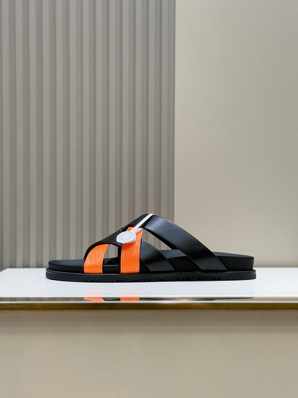 HM Men's Kazimir Slide Black Orange Calfskin 562774
