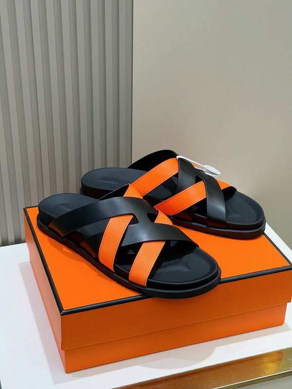 HM Men's Kazimir Slide Black Orange Calfskin 562774