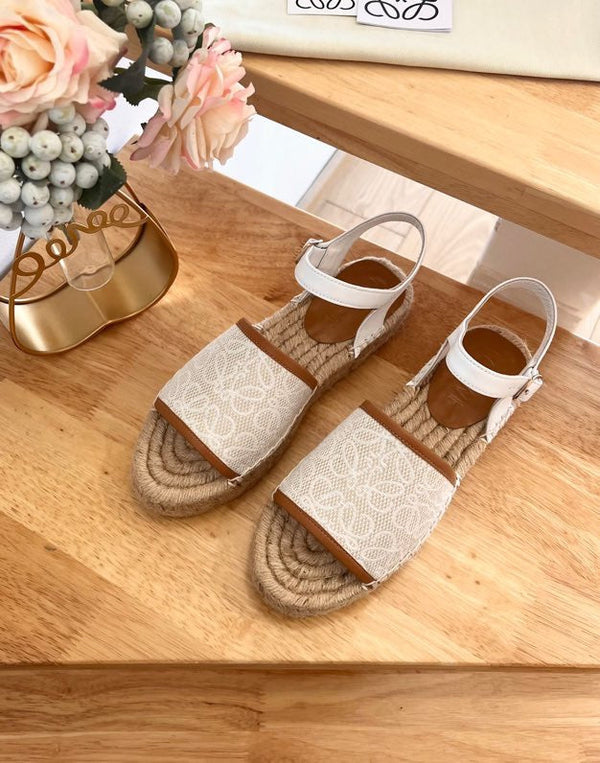 Sandali espadrillas in pelle e tela beige e bianco anagramma Loew