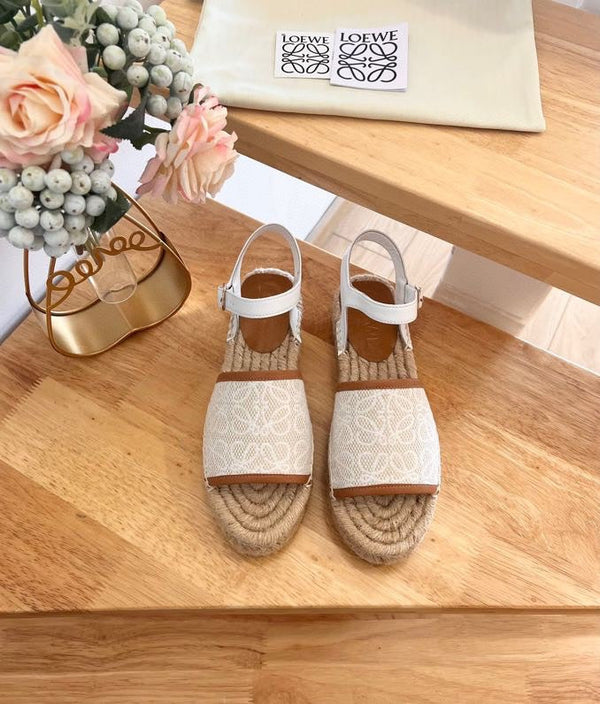 Sandali espadrillas in pelle e tela beige e bianco anagramma Loew