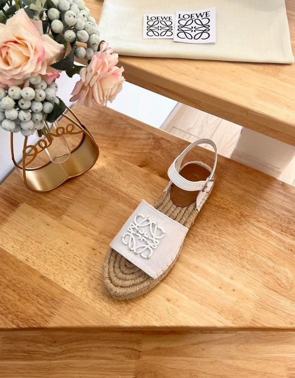 Sandali espadrillas in pelle e tela beige e bianco Anagram di Loew