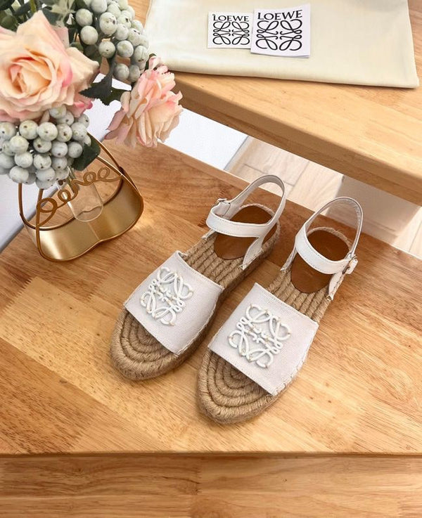 Sandali espadrillas in pelle e tela beige e bianco Anagram di Loew