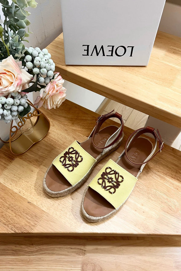 Loew Anagram Yellow Brown Leather And Canvas Espadrille Sandals