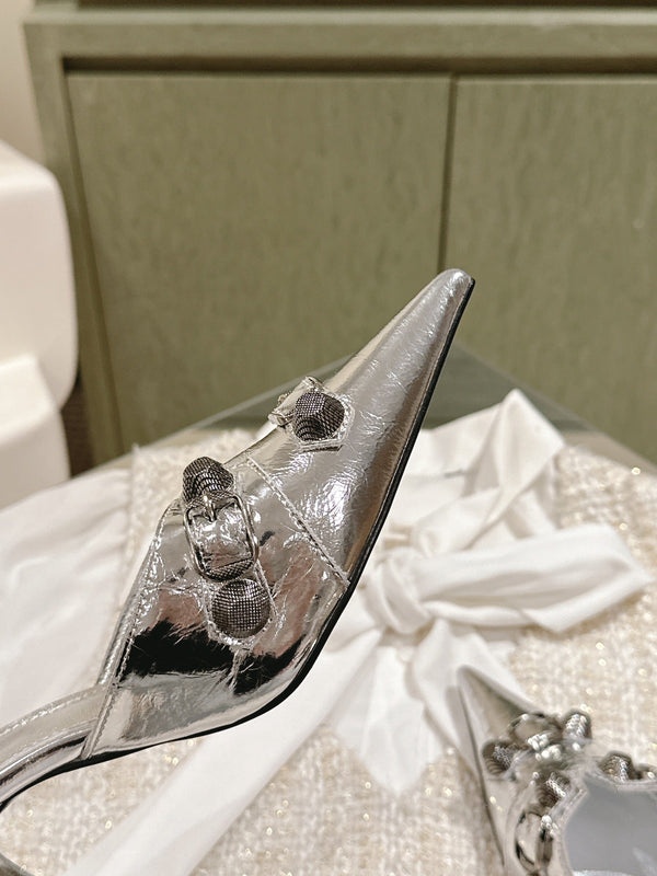 CAGOLE POINTED HIGH MULES IN SILVER SHINY CALFSKIN