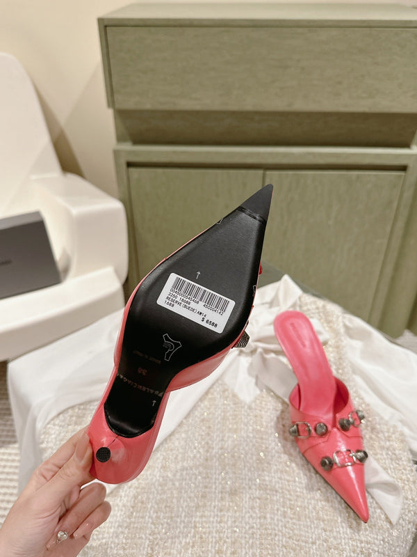 CAGOLE POINTED HIGH MULES IN ROMAN PINK SHINY CALFSKIN