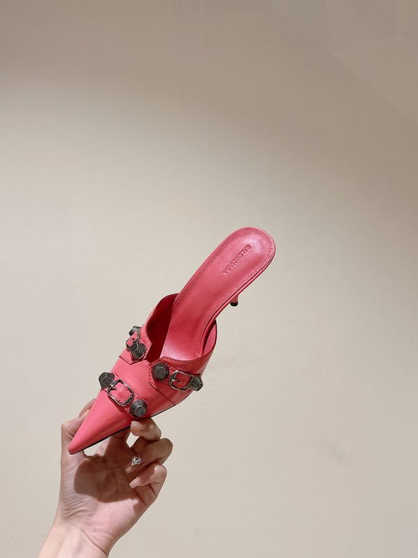 CAGOLE POINTED HIGH MULES IN ROMAN PINK SHINY CALFSKIN