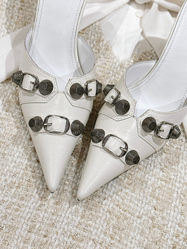 CAGOLE POINTED HIGH MULES IN WHITE SHINY CALFSKIN