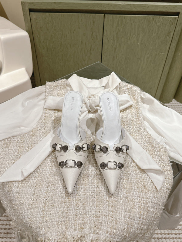 CAGOLE POINTED HIGH MULES IN WHITE SHINY CALFSKIN