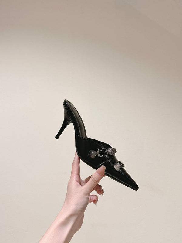 CAGOLE POINTED HIGH MULES IN BLACK SHINY CALFSKIN