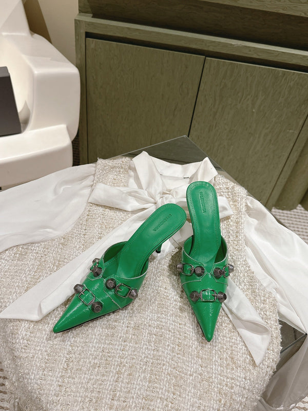 CAGOLE POINTED HIGH MULES IN GREEN SHINY CALFSKIN
