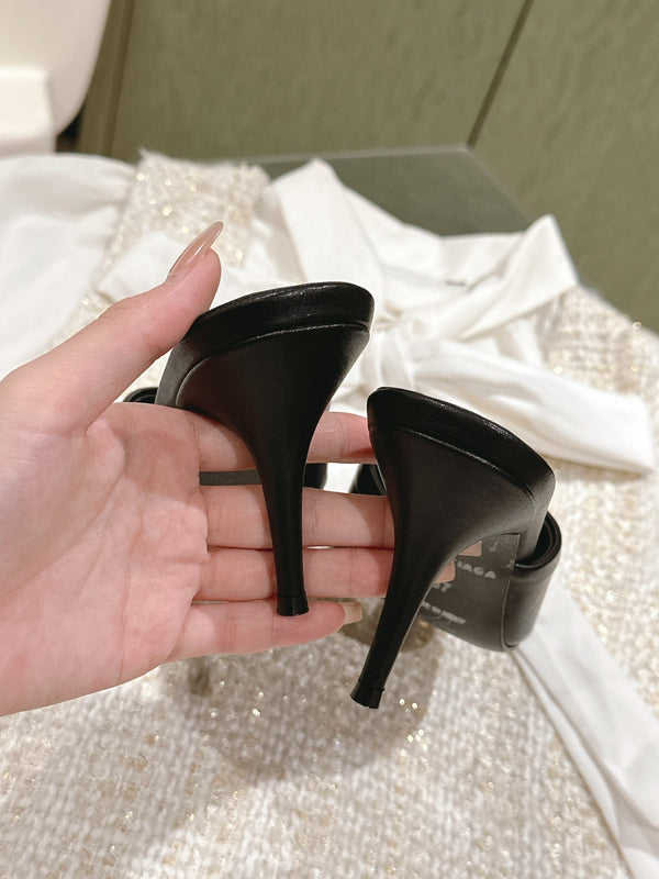 POINTED BB BLACK BUCKLE HIGH MULES IN BLACK SMOOTH LAMBSKIN