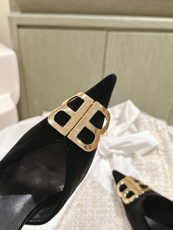POINTED BB GOLD BUCKLE HIGH MULES IN BLACK VELVET