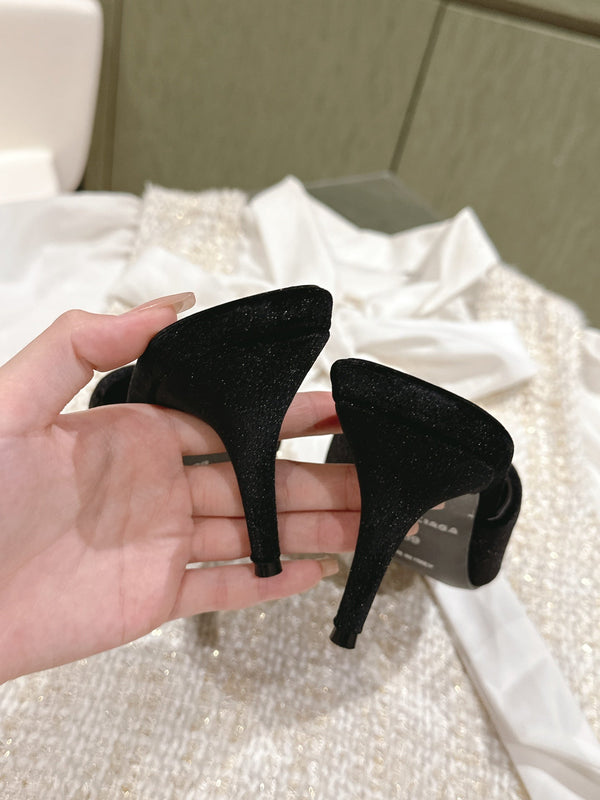 POINTED BB GOLD BUCKLE HIGH MULES IN BLACK VELVET