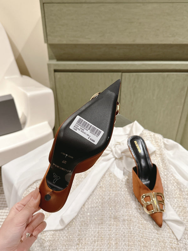 POINTED BB GOLD BUCKLE HIGH MULES IN BROWN RUST SILK