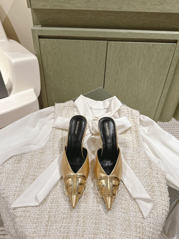 POINTED BB GOLD BUCKLE HIGH MULES IN GOLD METALLIC CALFSKIN