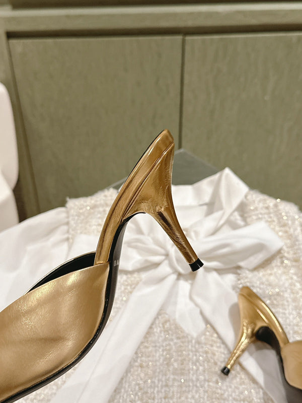 POINTED BB GOLD BUCKLE HIGH MULES IN GOLD METALLIC CALFSKIN