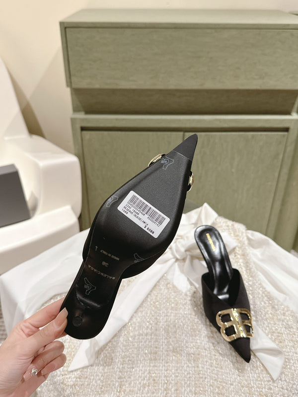 POINTED BB GOLD BUCKLE HIGH MULES IN BLACK SILK