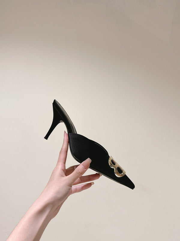 POINTED BB GOLD BUCKLE HIGH MULES IN BLACK SILK
