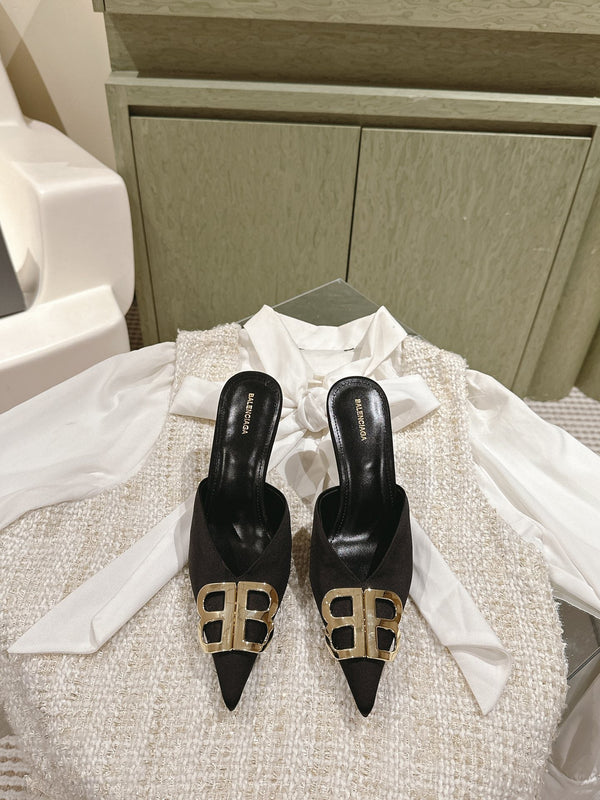 POINTED BB GOLD BUCKLE HIGH MULES IN BLACK SILK