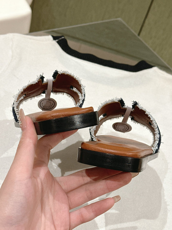 0ran sandal black denim brown calfskin