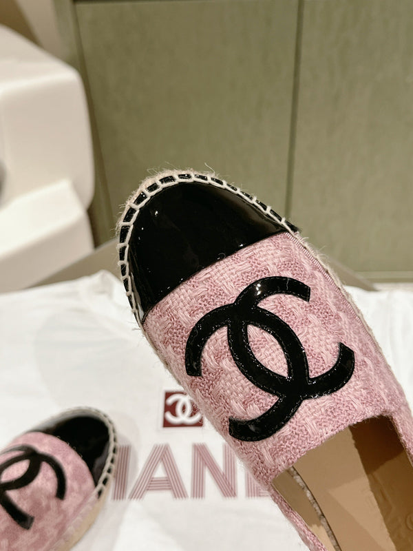 espadrilles pink tweed black patent calfskin