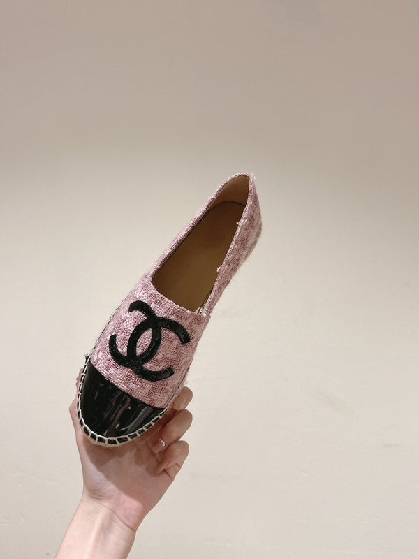 espadrilles pink tweed black patent calfskin
