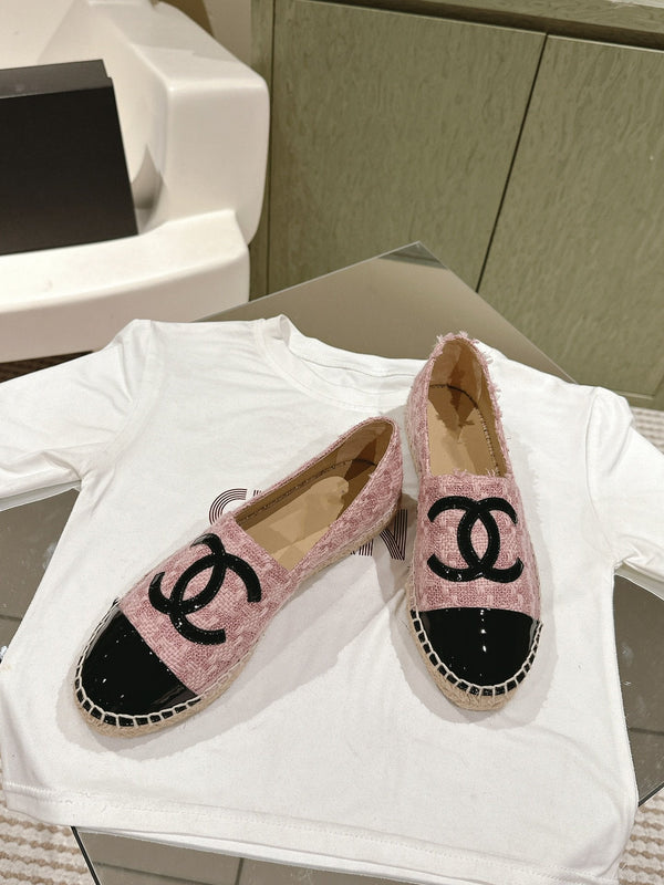 espadrilles pink tweed black patent calfskin