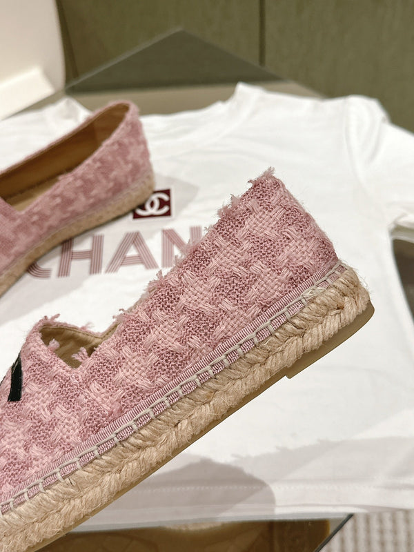 espadrilles pink tweed black patent calfskin