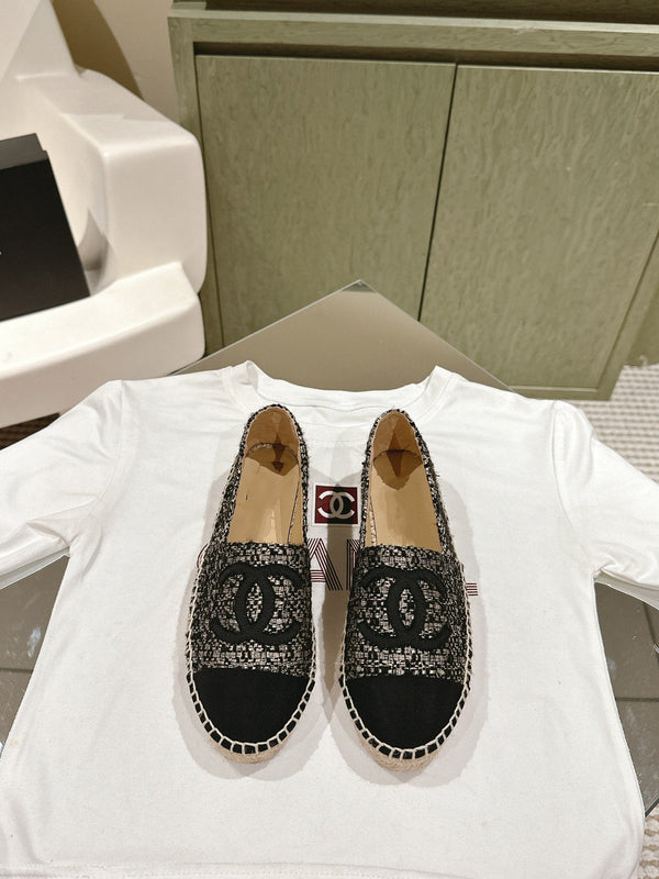 espadrillas nere argento tweed tela nera