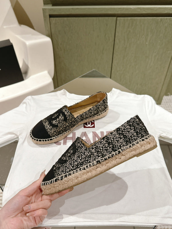 espadrillas nere argento tweed tela nera