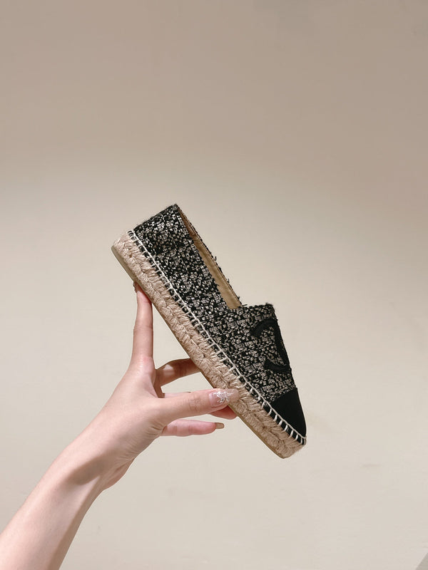 espadrillas nere argento tweed tela nera
