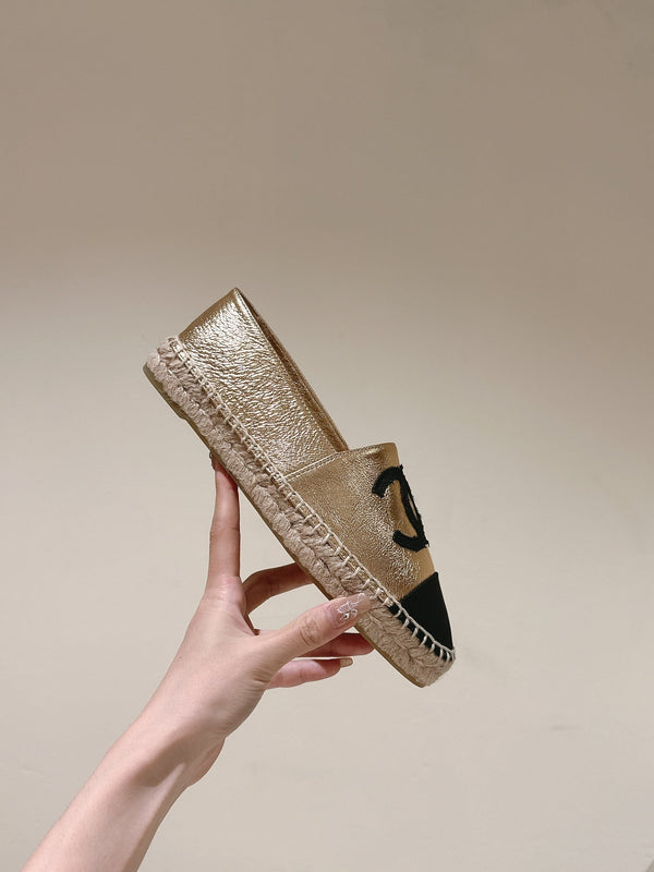 espadrilles gold metalic calfskin black canvas