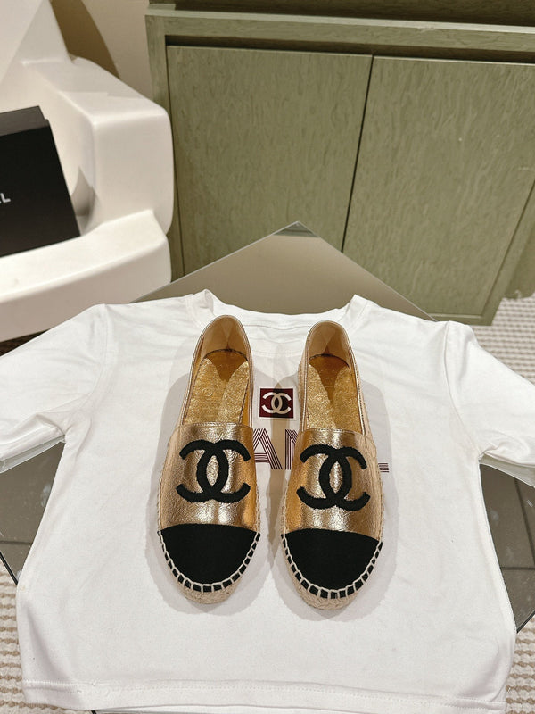 espadrilles gold metalic calfskin black canvas