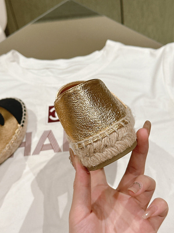 espadrilles gold metalic calfskin black canvas