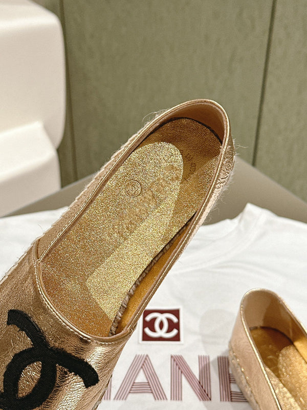 espadrilles gold metalic calfskin black canvas