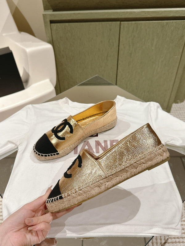 espadrilles gold metalic calfskin black canvas