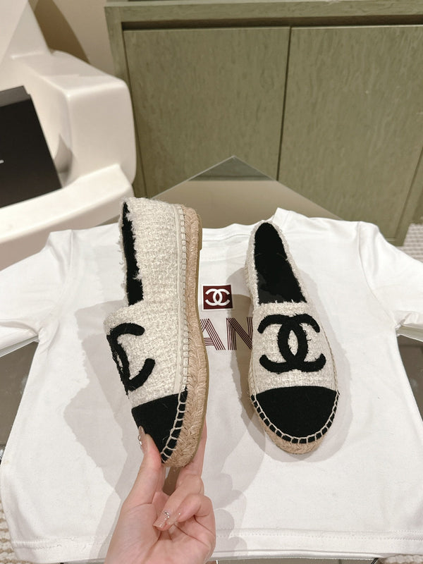 espadrilles white tweed black canvas