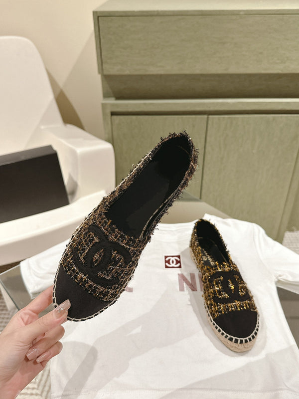 espadrile in tela tweed nera e oro