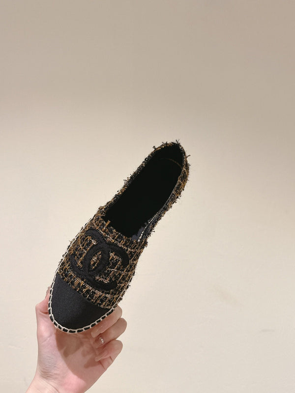 espadrile in tela tweed nera e oro