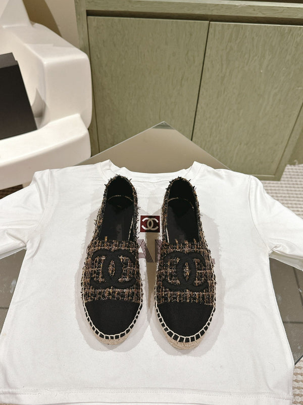 espadrile in tela tweed nera e oro