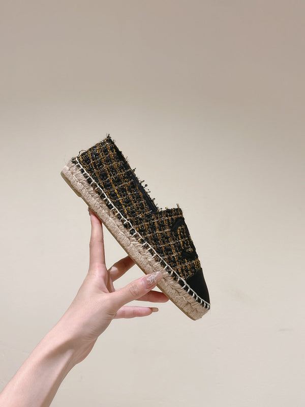 espadrile in tela tweed nera e oro