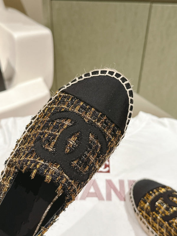 espadrile in tela tweed nera e oro
