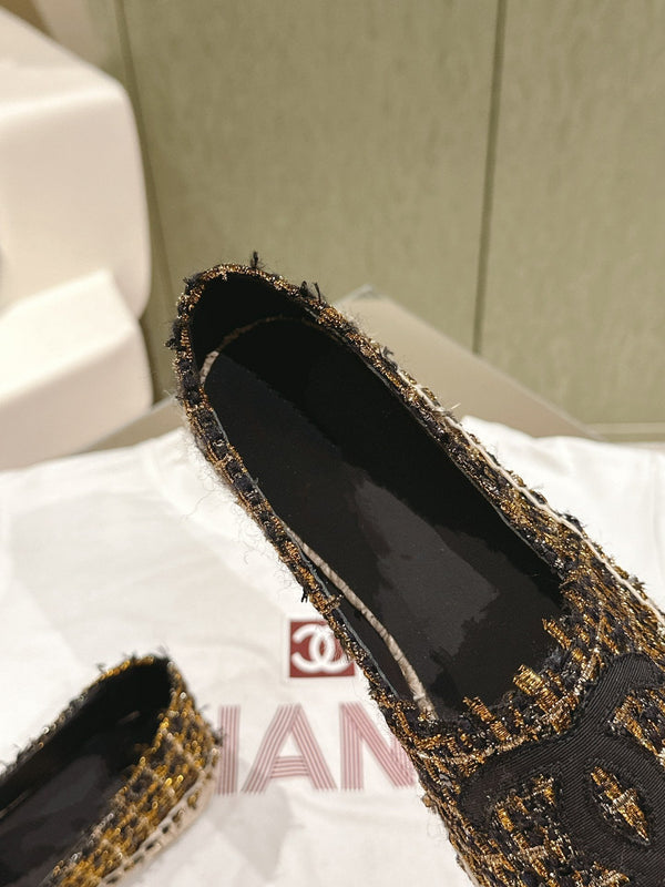 espadrile in tela tweed nera e oro