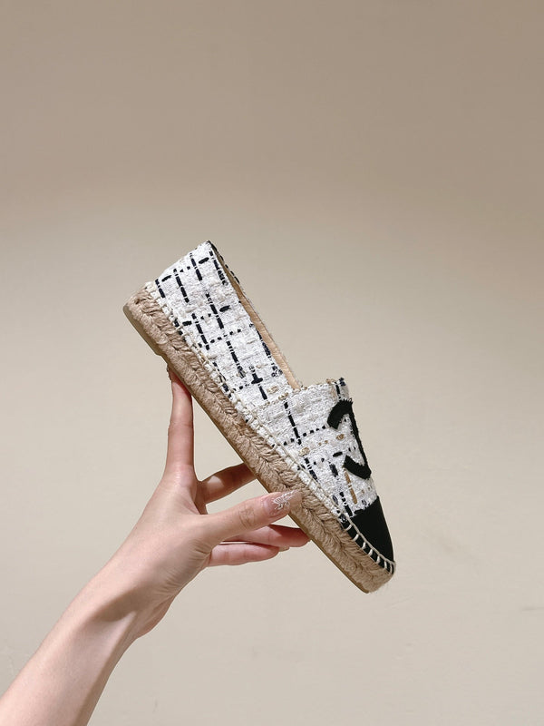espadrilles white black tweed canvas