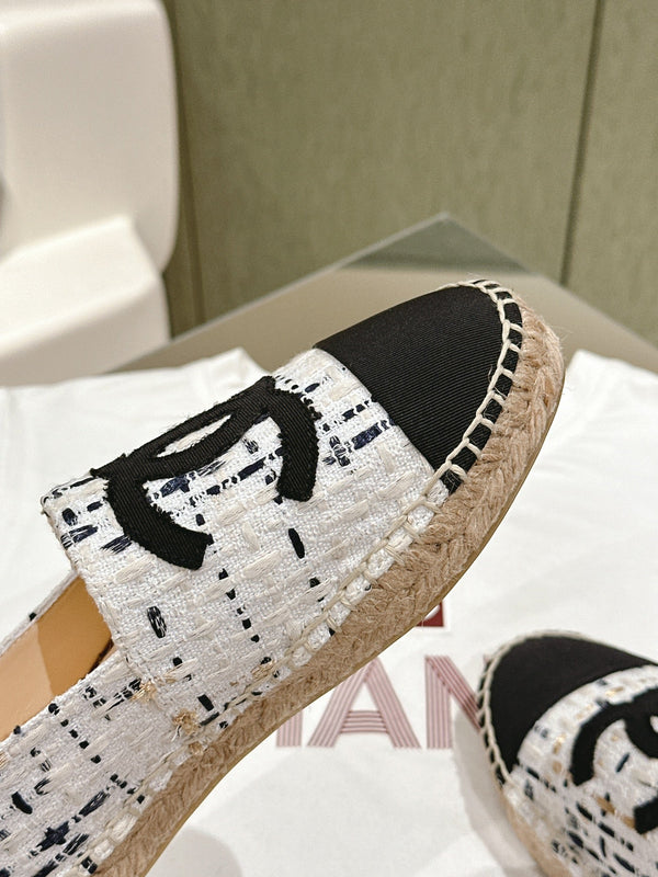 espadrilles white black tweed canvas