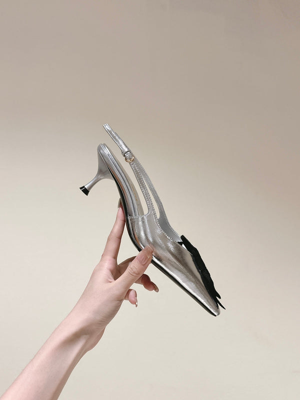 Miu x Balanc Small Bow Buckle SlingBack 45mm Sliver Patent Leather 445866