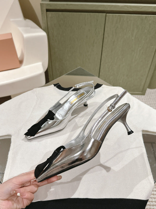 Miu x Balanc Small Bow Buckle SlingBack 45mm Sliver Patent Leather 445866