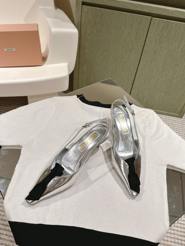 Miu x Balanc Small Bow Buckle SlingBack 45mm Sliver Patent Leather 445866