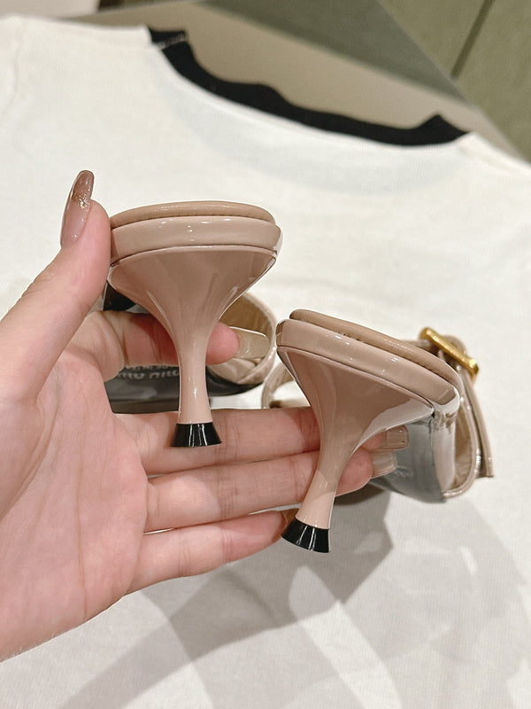 Miu x Balanc Studded Buckle Elegant Mules 45mm Beige Patent Leather 445869